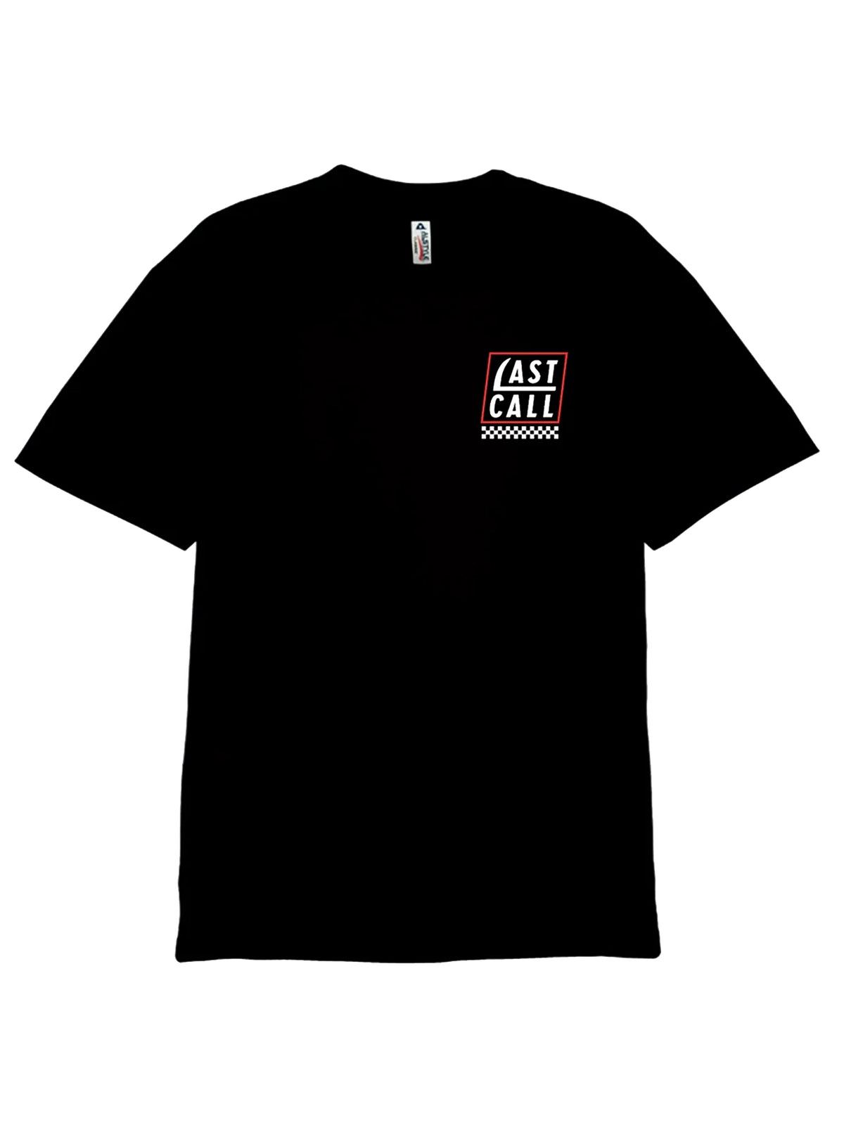 Last Call Co No Evil Badge Graphic T-Shirt Black flat front view showing the chest graphic