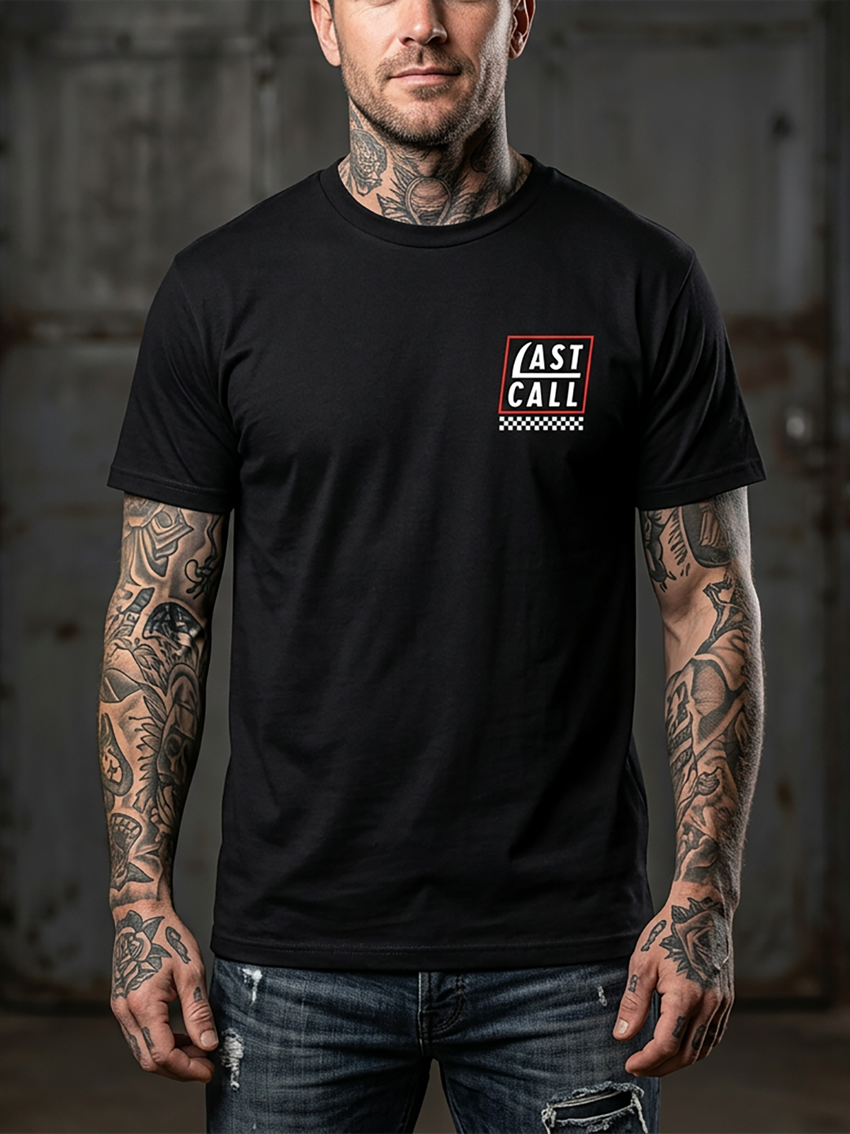 Last Call Co No Evil Badge Graphic T-Shirt Black lifestyle front view showing the chest graphic