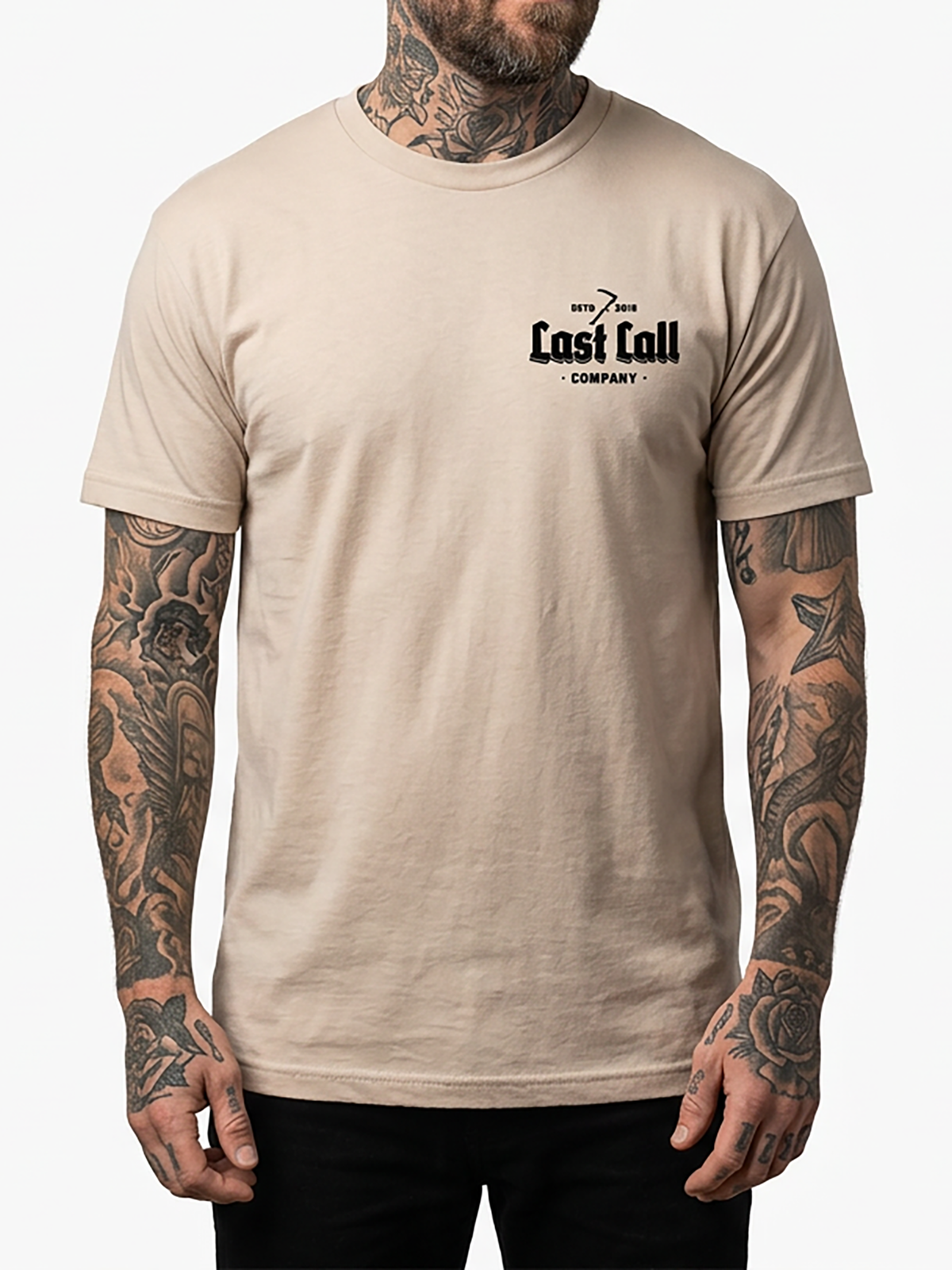 Last Call Co No Problemo Graphic T-Shirt Sand on-model front view showing the chest graphic