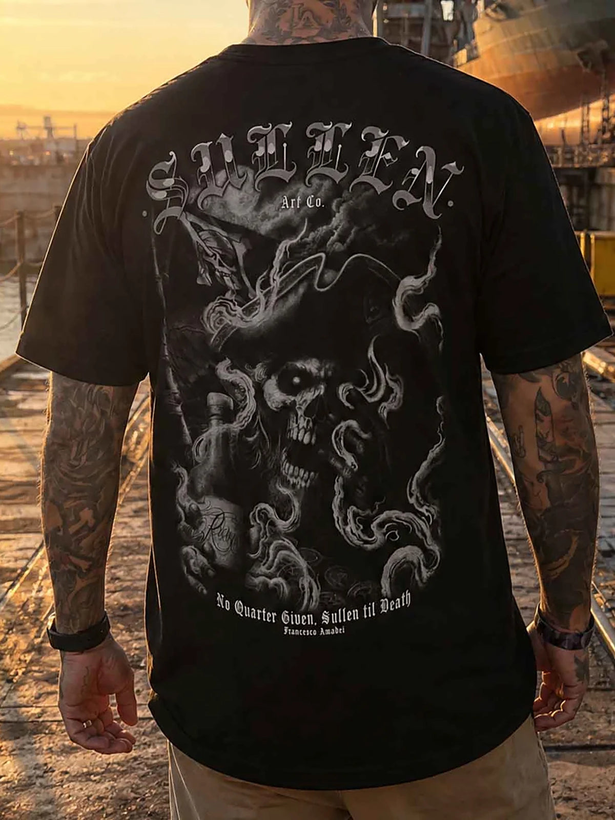 Model wearing the back of the Sullen No Quarter Premium T-shirt in Caviar