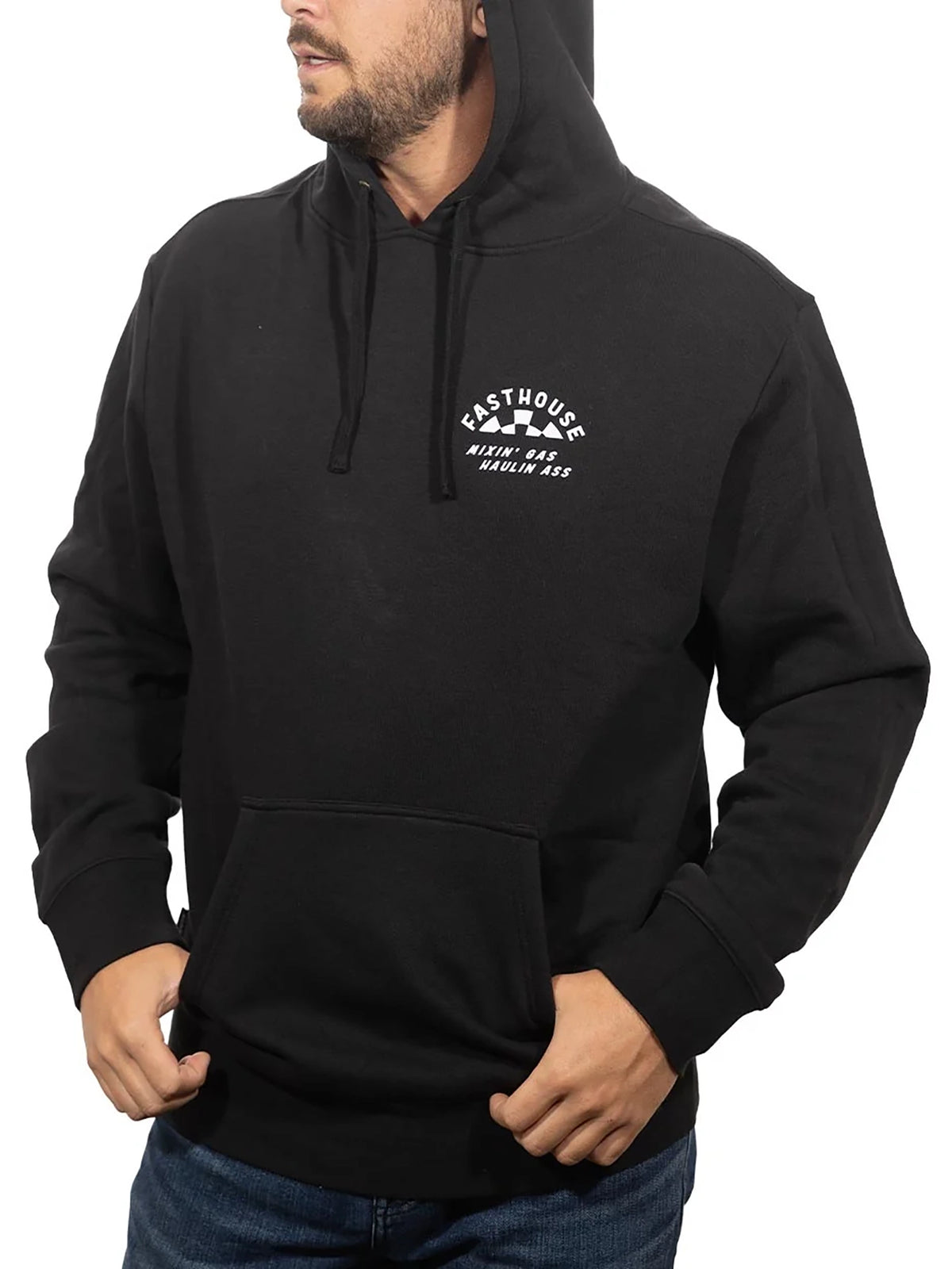 Fasthouse Men's Oil Burner Pullover Hoodie in Black, front view on model