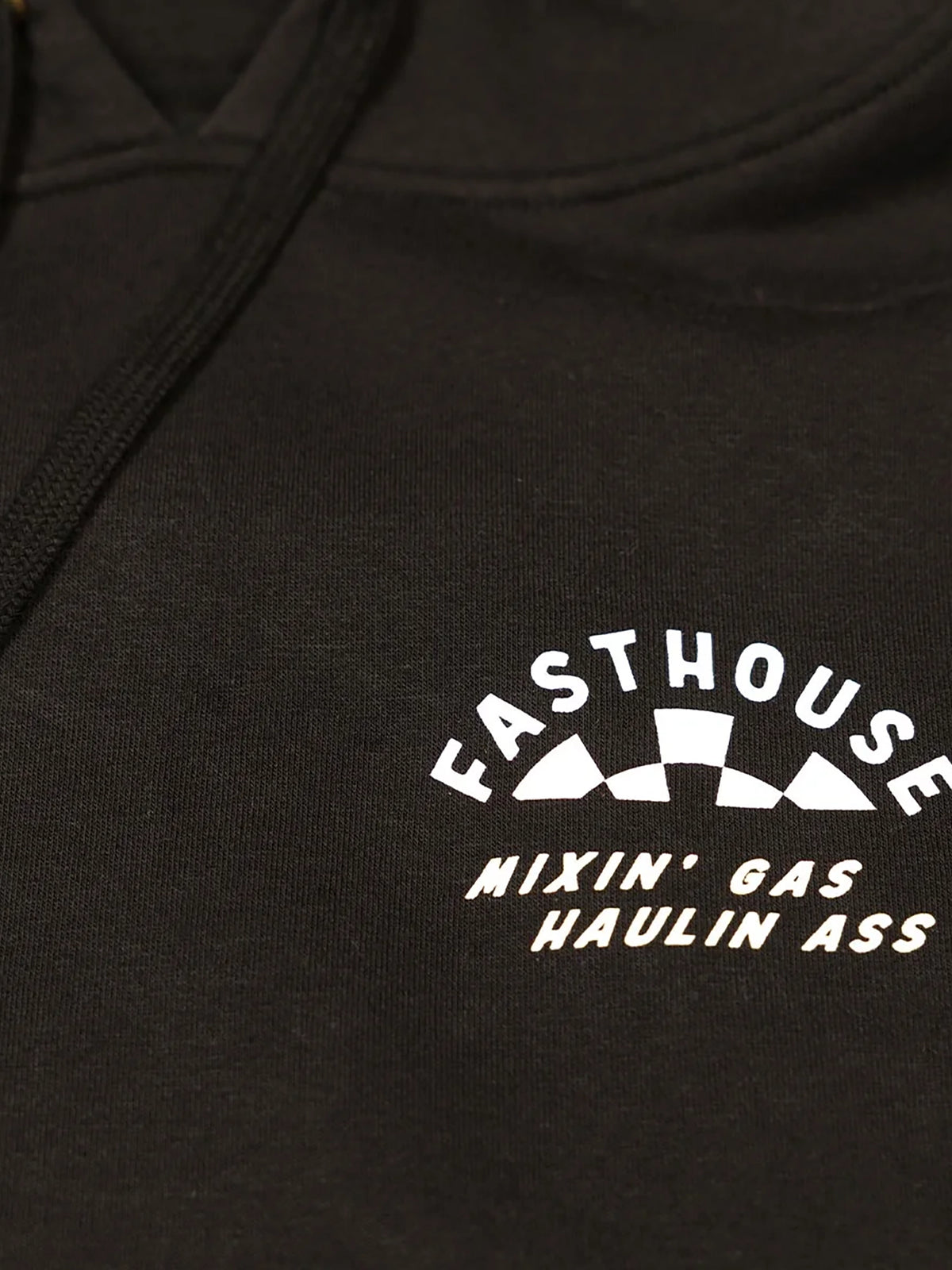 Fasthouse Men's Oil Burner Pullover Hoodie in Black, close-up of the front chest graphic