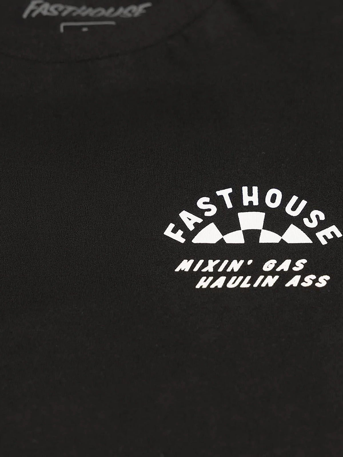 Fasthouse Men's Oil Burner Graphic T-shirt in Black, close-up of the front chest graphic