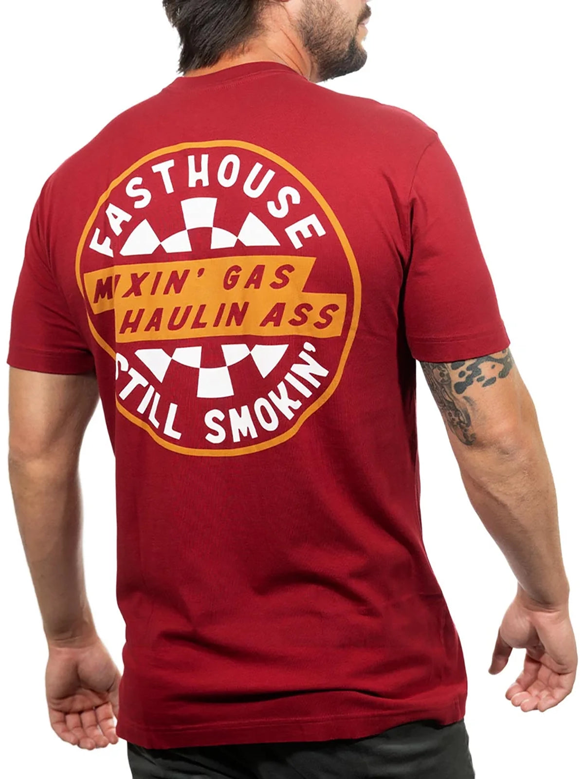 Fasthouse Men's Oil Burner Graphic T-shirt in Cardinal, back view on model
