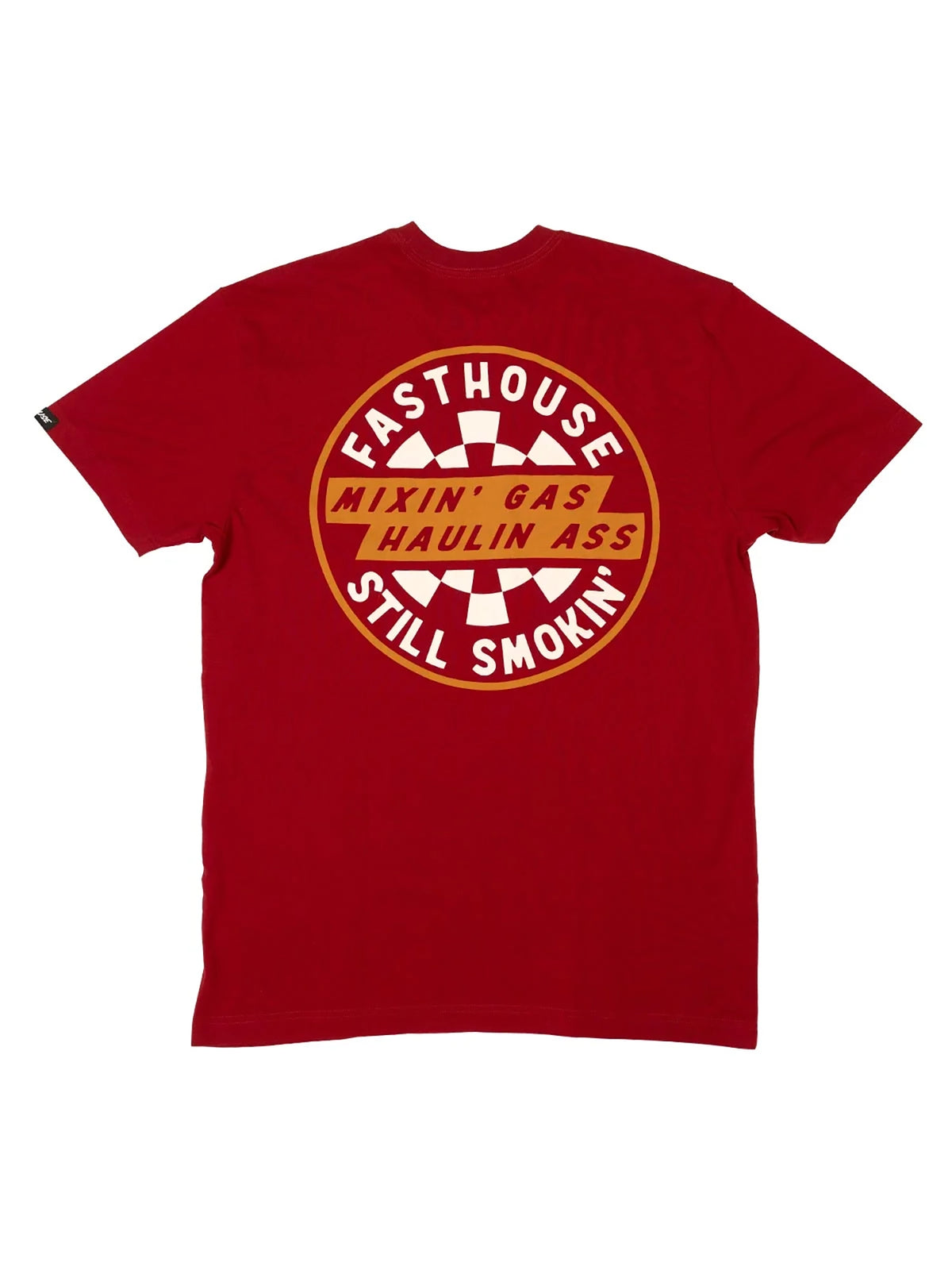 Fasthouse Men's Oil Burner Graphic T-shirt in Cardinal, back flat-lay view