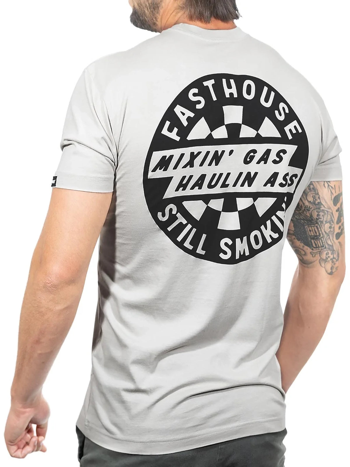 Fasthouse Men's Oil Burner Graphic T-shirt in Light Gray, back view on model