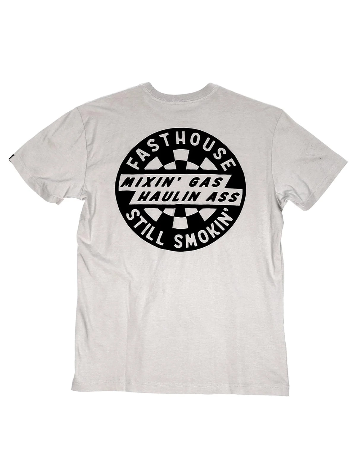 Fasthouse Men's Oil Burner Graphic T-shirt in Light Gray, back flat-lay view