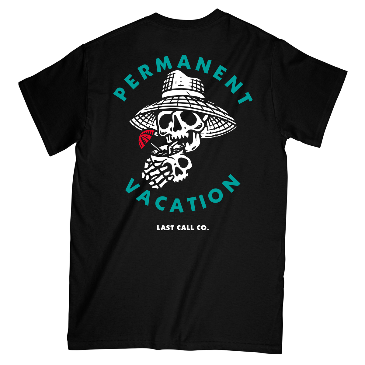 Last Call Co Permanent Vacation Graphic T-shirt in Black, back view with tropical skull and straw hat artwork