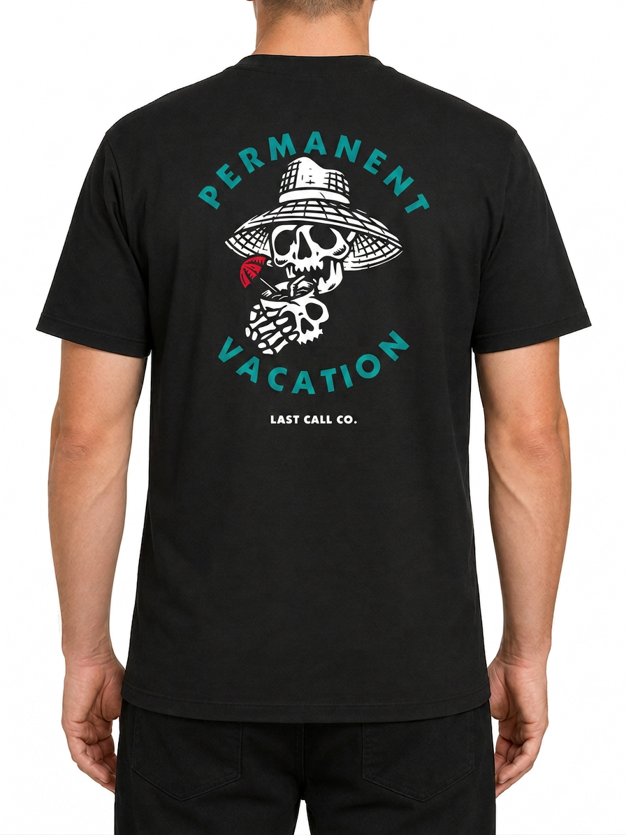 Last Call Co Permanent Vacation Graphic T-Shirt Black featuring tropical skull wearing a straw hat back graphic with front chest logo