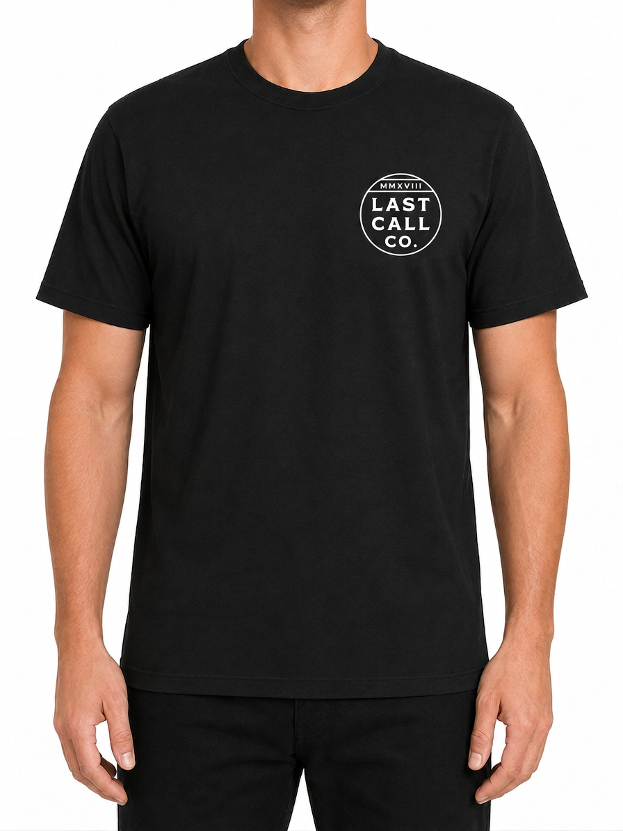 Last Call Co Permanent Vacation Graphic T-shirt Black front view showing chest logo