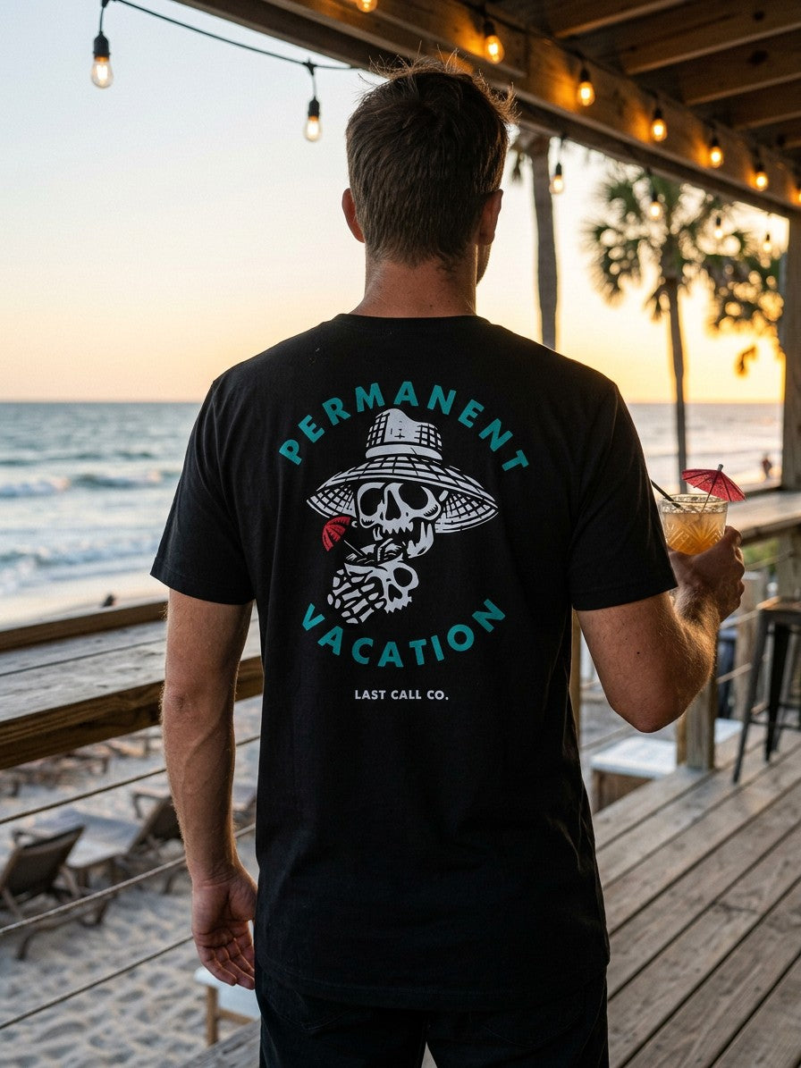 Last Call Co Permanent Vacation Graphic T-shirt Black lifestyle back view