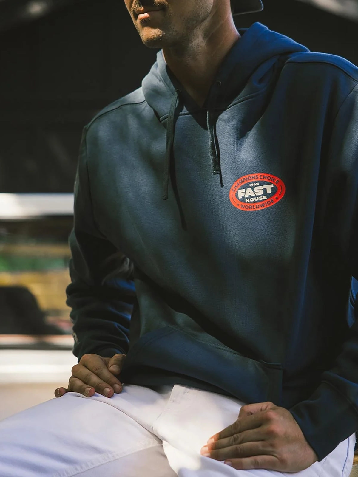 Fasthouse Men's Petrol Pullover Hoodie in Indigo, front lifestyle view