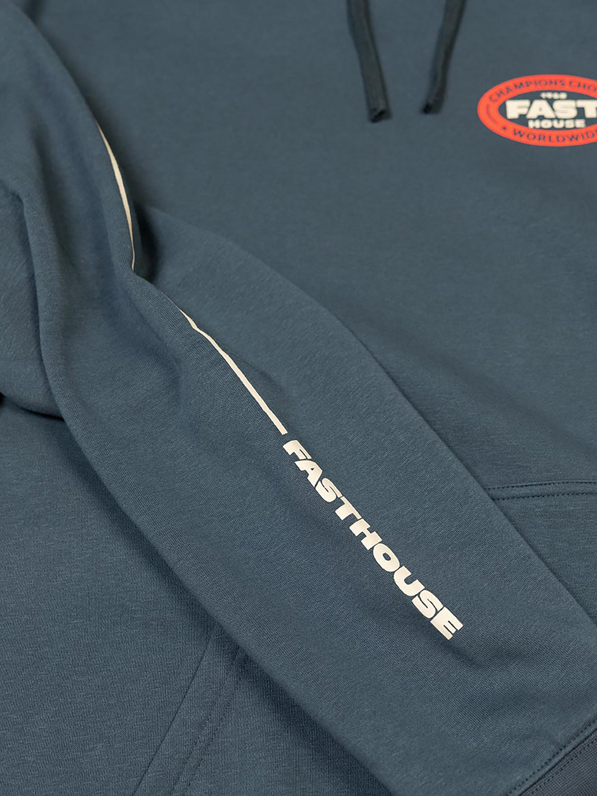 Fasthouse Men's Petrol Pullover Hoodie in Indigo, close-up of sleeve detail