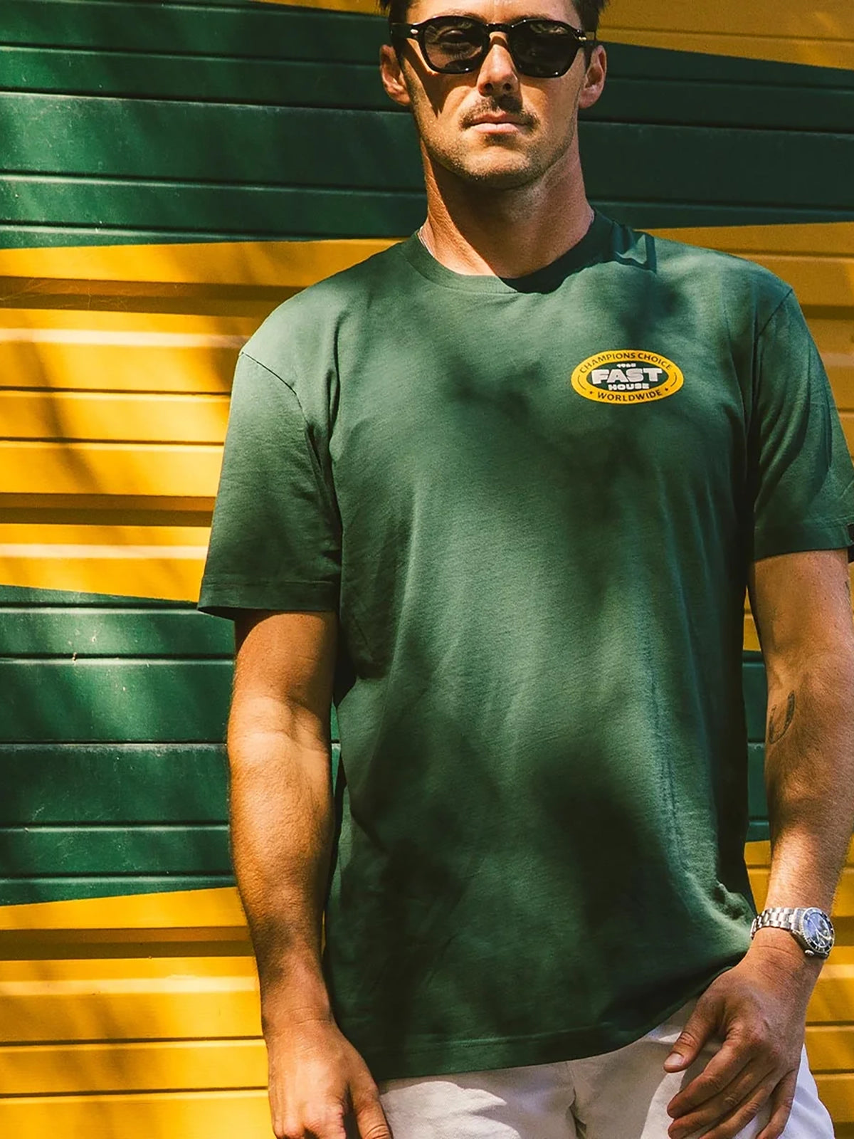 Fasthouse Men's Petrol Graphic T-shirt in Forest Green, front lifestyle view