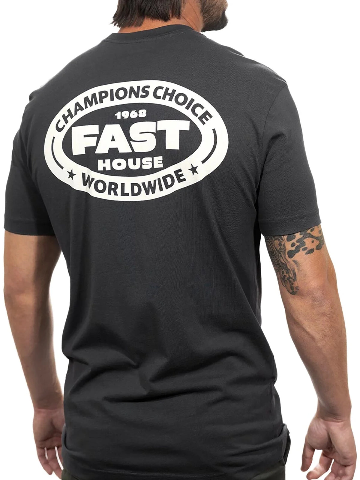 Fasthouse Men's Petrol Graphic T-shirt in Graphite Black, back view on model