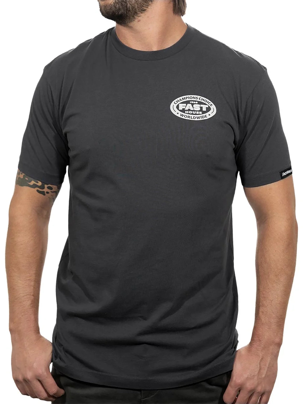 Fasthouse Men's Petrol Graphic T-shirt in Graphite Black, front view on model