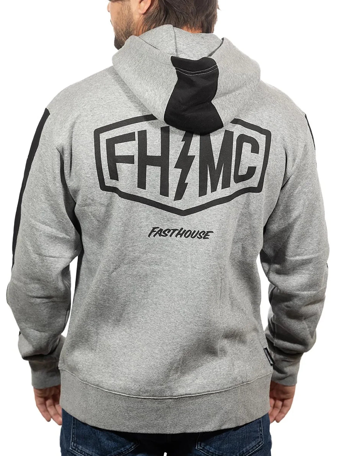 Fasthouse Men's Rapid Zip-Up Hoodie in Heather Gray/Black, back view on model