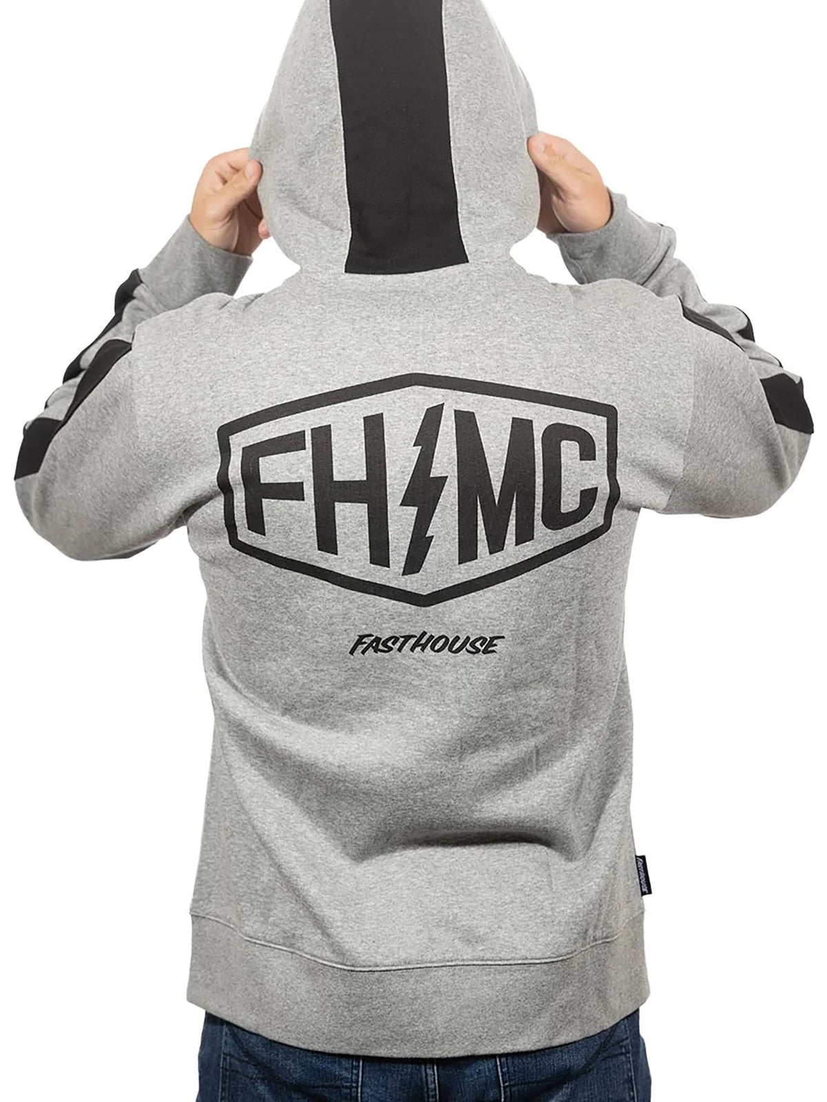 Fasthouse Men's Rapid Zip-Up Hoodie in Heather Gray/Black, back view on model with hood up