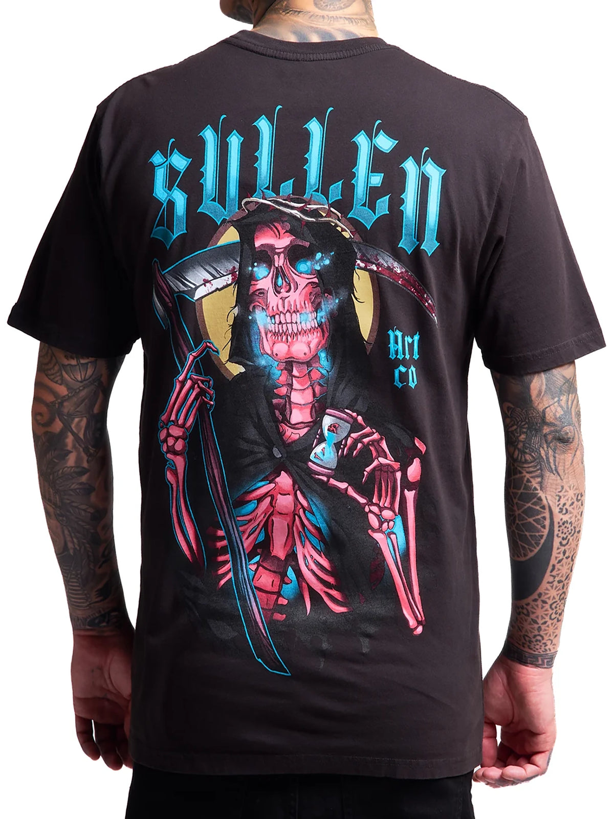 Back view of Sullen Red Reaper Premium T-shirt in Vintage Black with neon reaper artwork