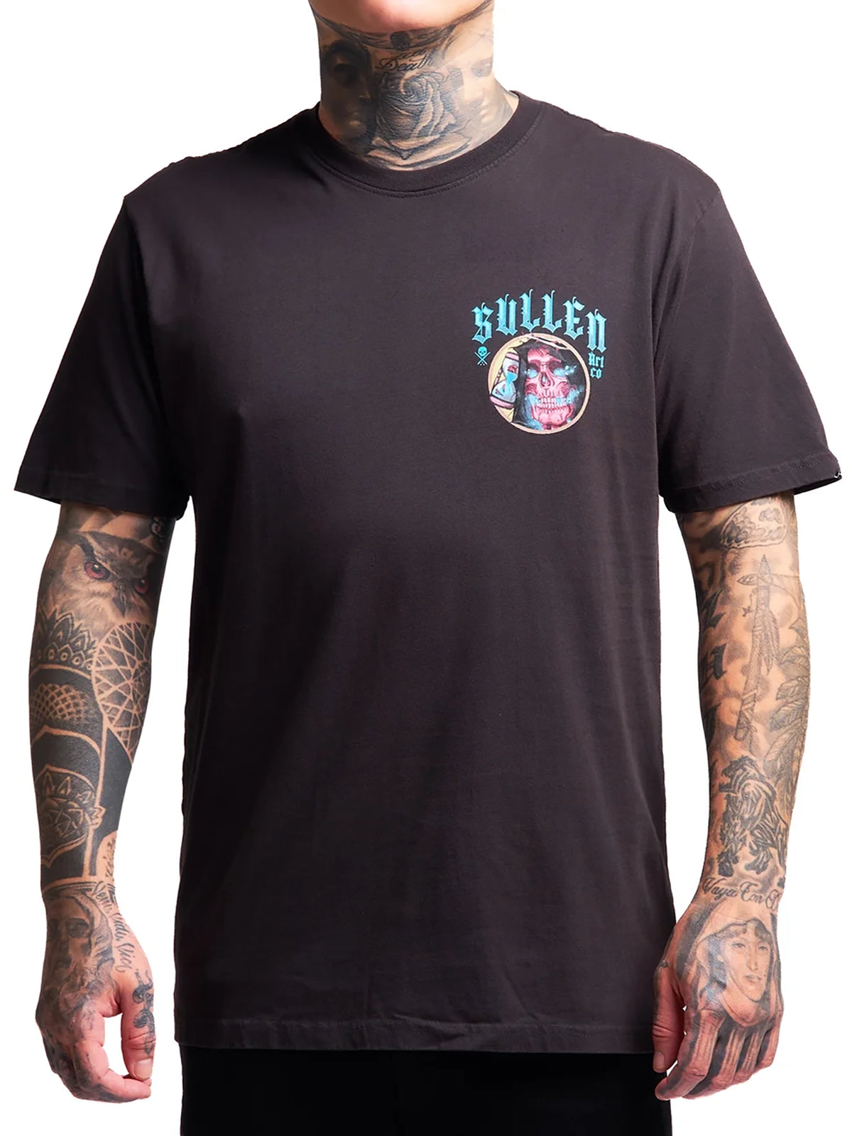 Front view of Sullen Red Reaper Premium T-shirt with small neon reaper chest graphic