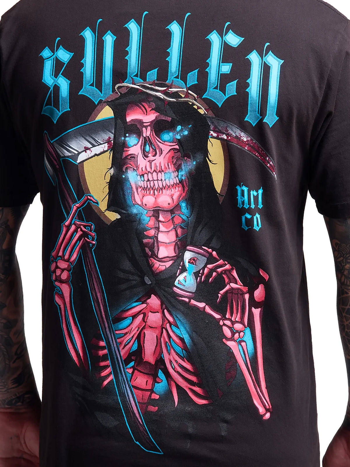 Close-up of the neon grim reaper back graphic on the Sullen Red Reaper T-shirt