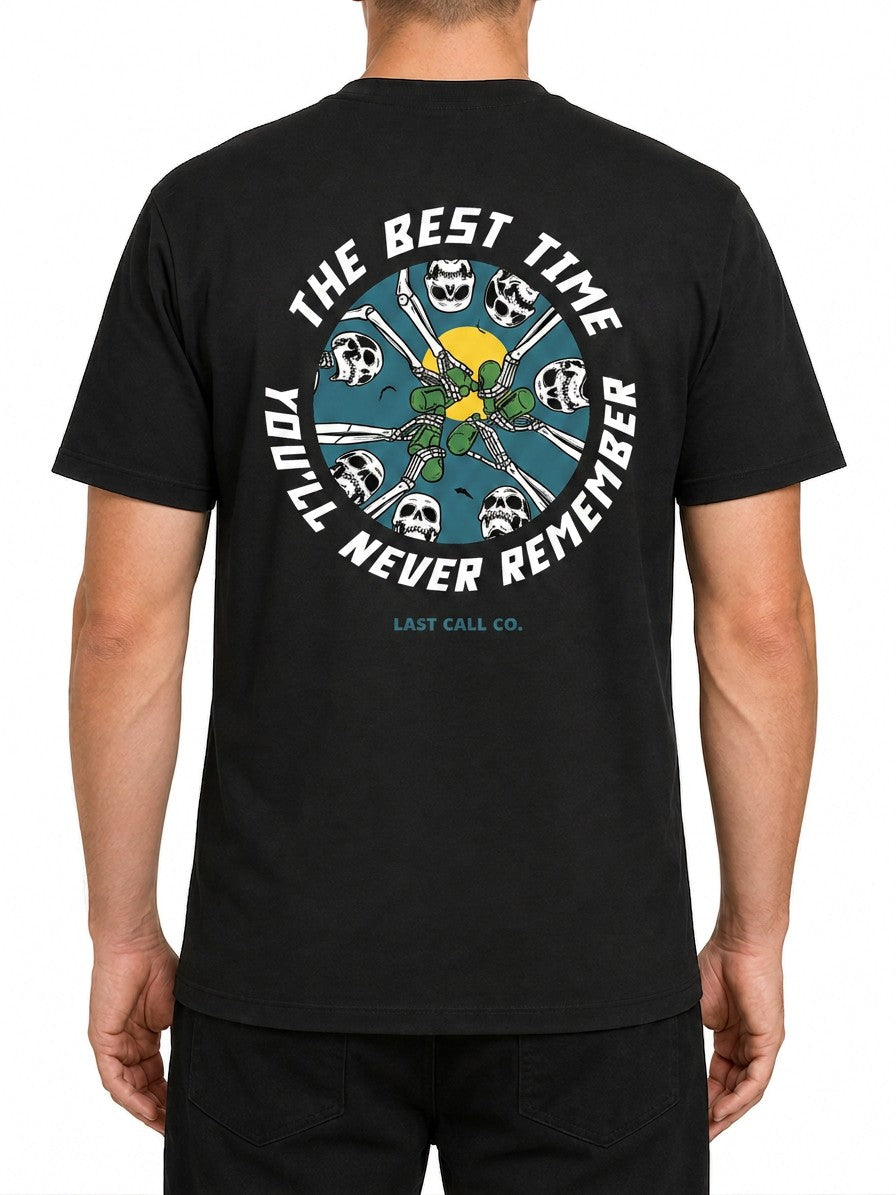 Last Call Co Remember Graphic T-Shirt Black featuring The Best Time You'll Never Remember back graphic with front chest logo