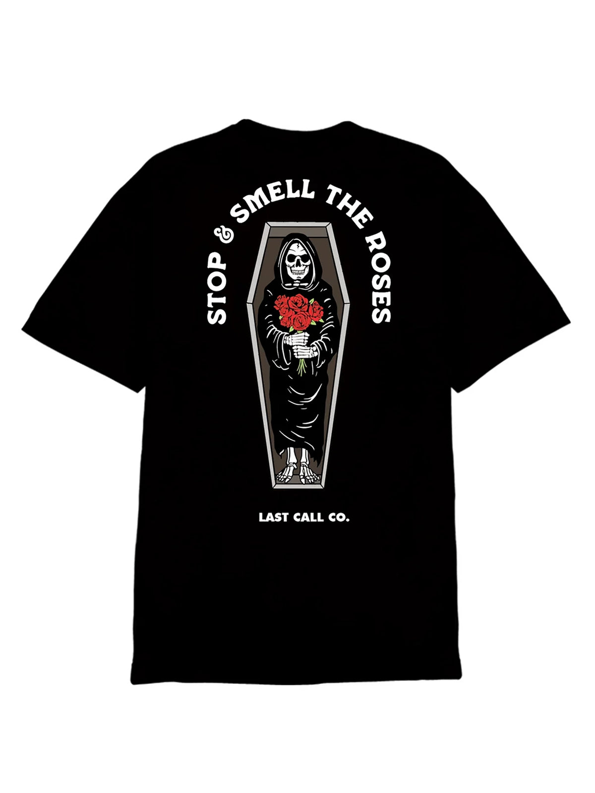 Last Call Co Roses 2 Graphic T-Shirt Black flat back view featuring hand holding a red rose artwork
