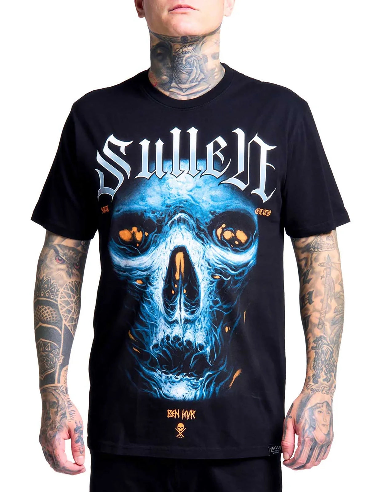 Front view of the Sullen Ruh Neb black Standard T-shirt with icy blue specter artwork