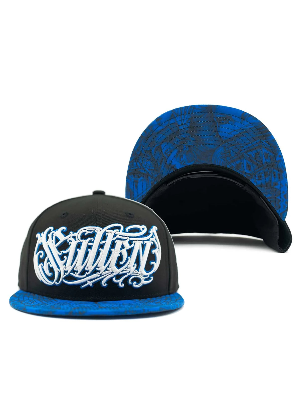 Sullen Sad Boy black and blue snapback displayed with embroidered script and illustrated blue brim