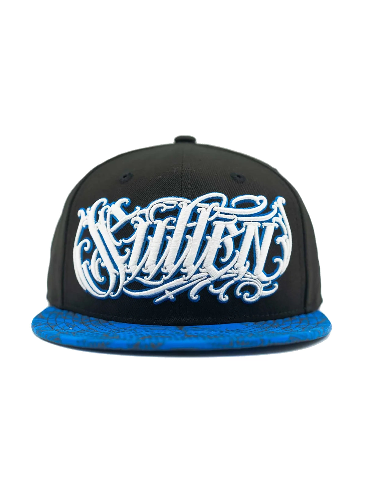 Front view of Sullen Sad Boy black and blue snapback with white and blue script embroidery
