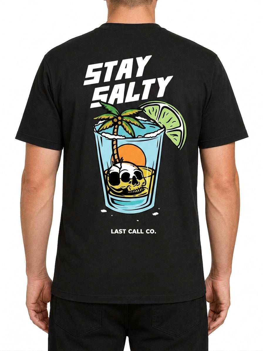 Last Call Co Salty Graphic T-Shirt Black featuring Stay Salty tropical drink and skull back graphic with front chest logo