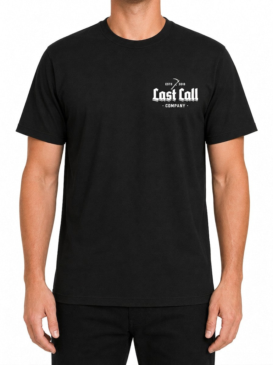 Last Call Co Salty Graphic T-shirt Black front view showing chest logo
