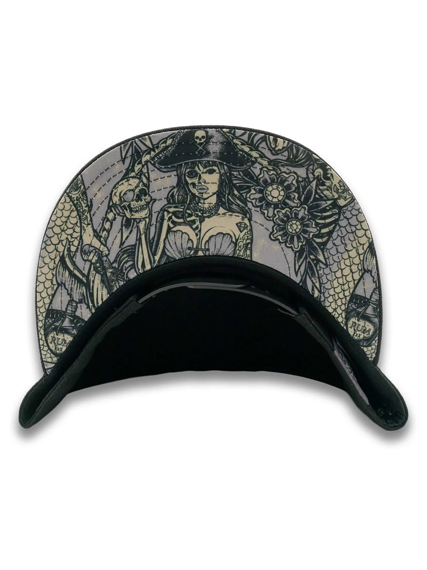 A snapback cap featuring a detailed gothic pirate illustration on the front panel, with a black curved brim and black interior lining, shown against a plain white background.