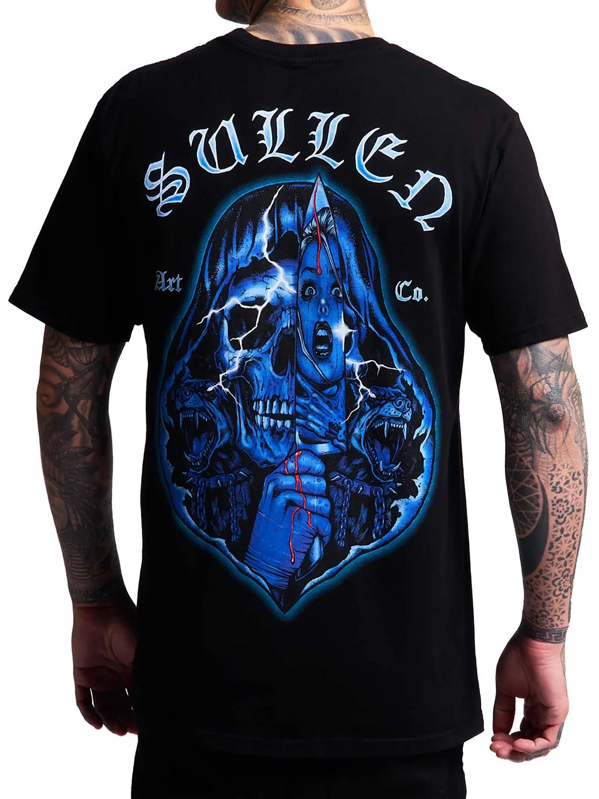 Back view of Sullen Slasher Premium T-shirt in Jet Black with blue and red horror artwork