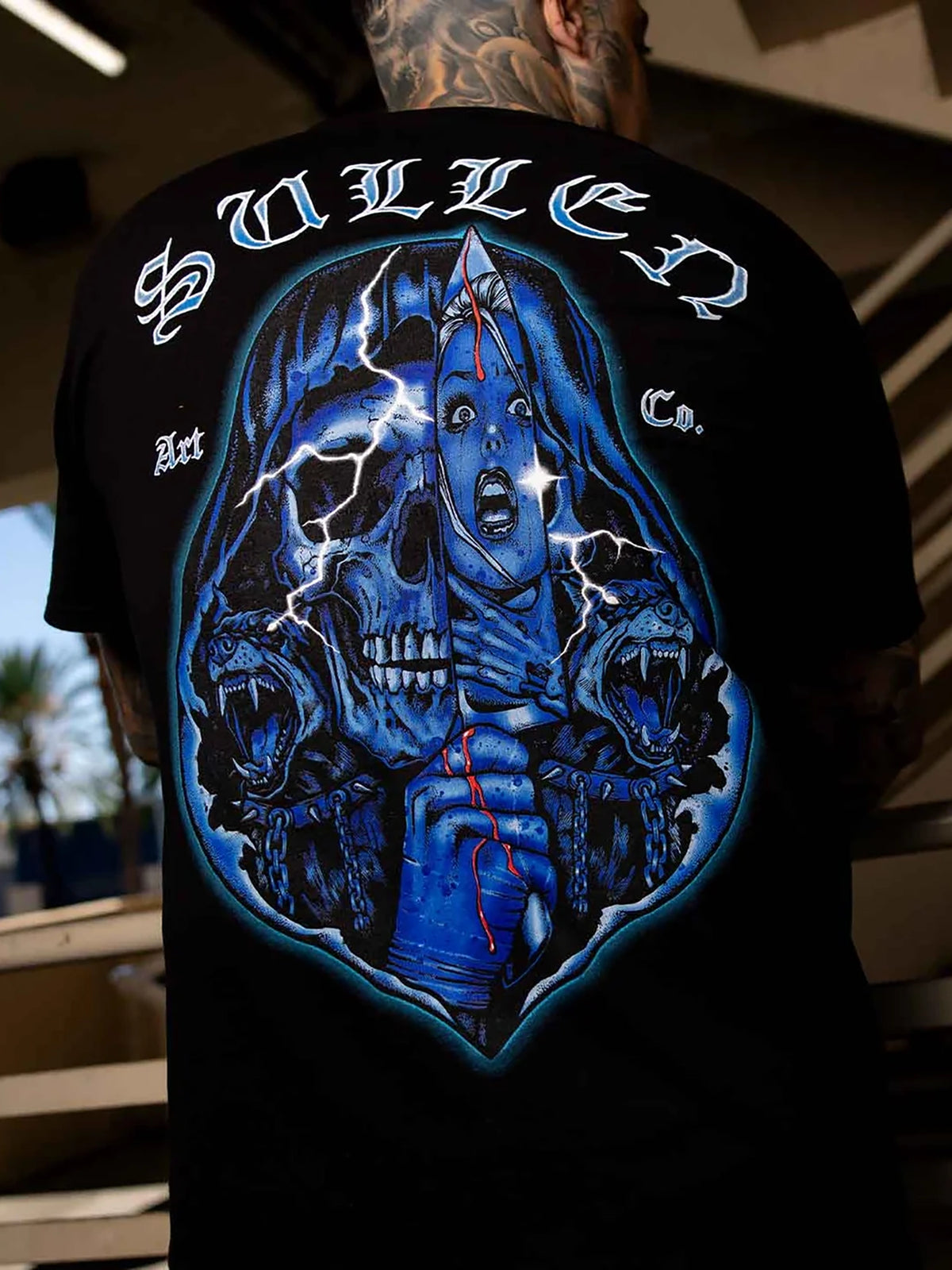 Model wearing the back of the Sullen Slasher Premium T-shirt in Jet Black