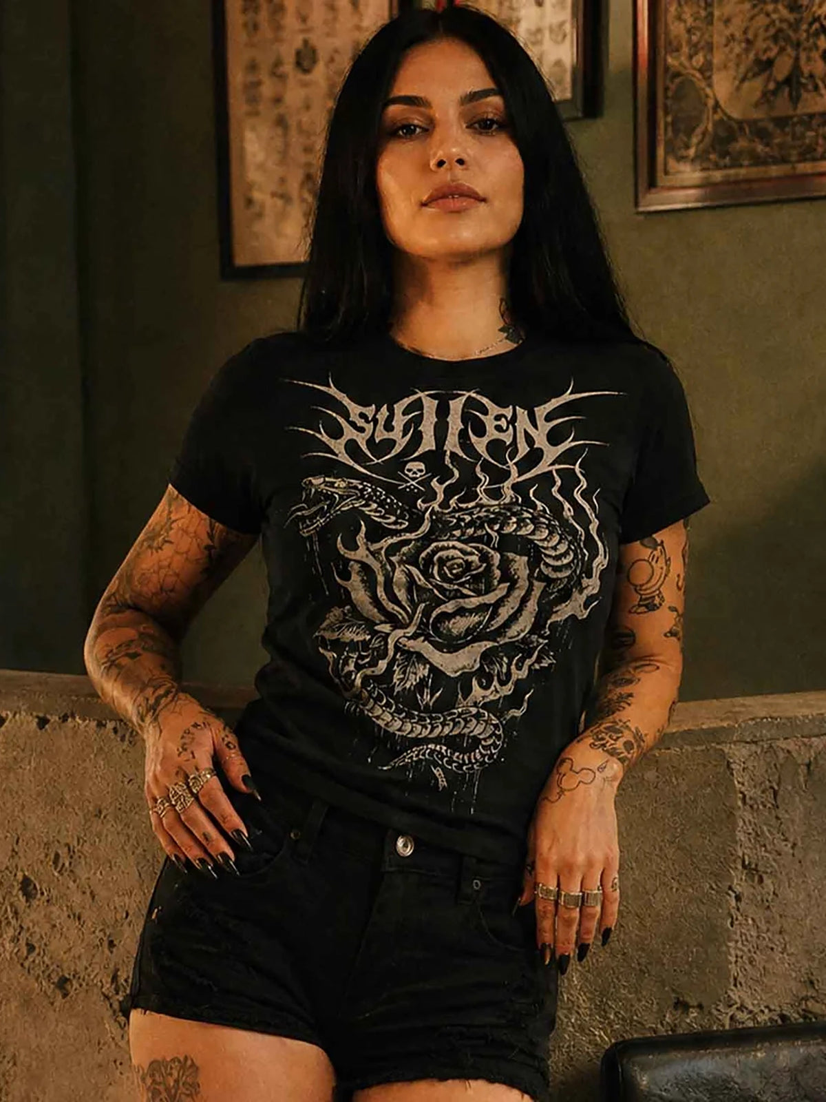 Sullen Snake Rose Women's Graphic T-shirt - Black