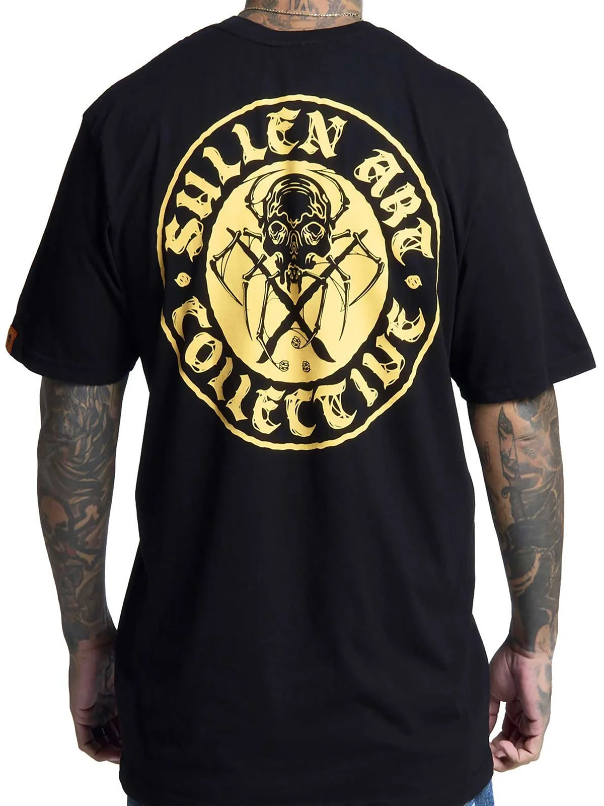 Back view of Sullen Spider BOH Premium T-shirt in Black with gold spider and crest artwork