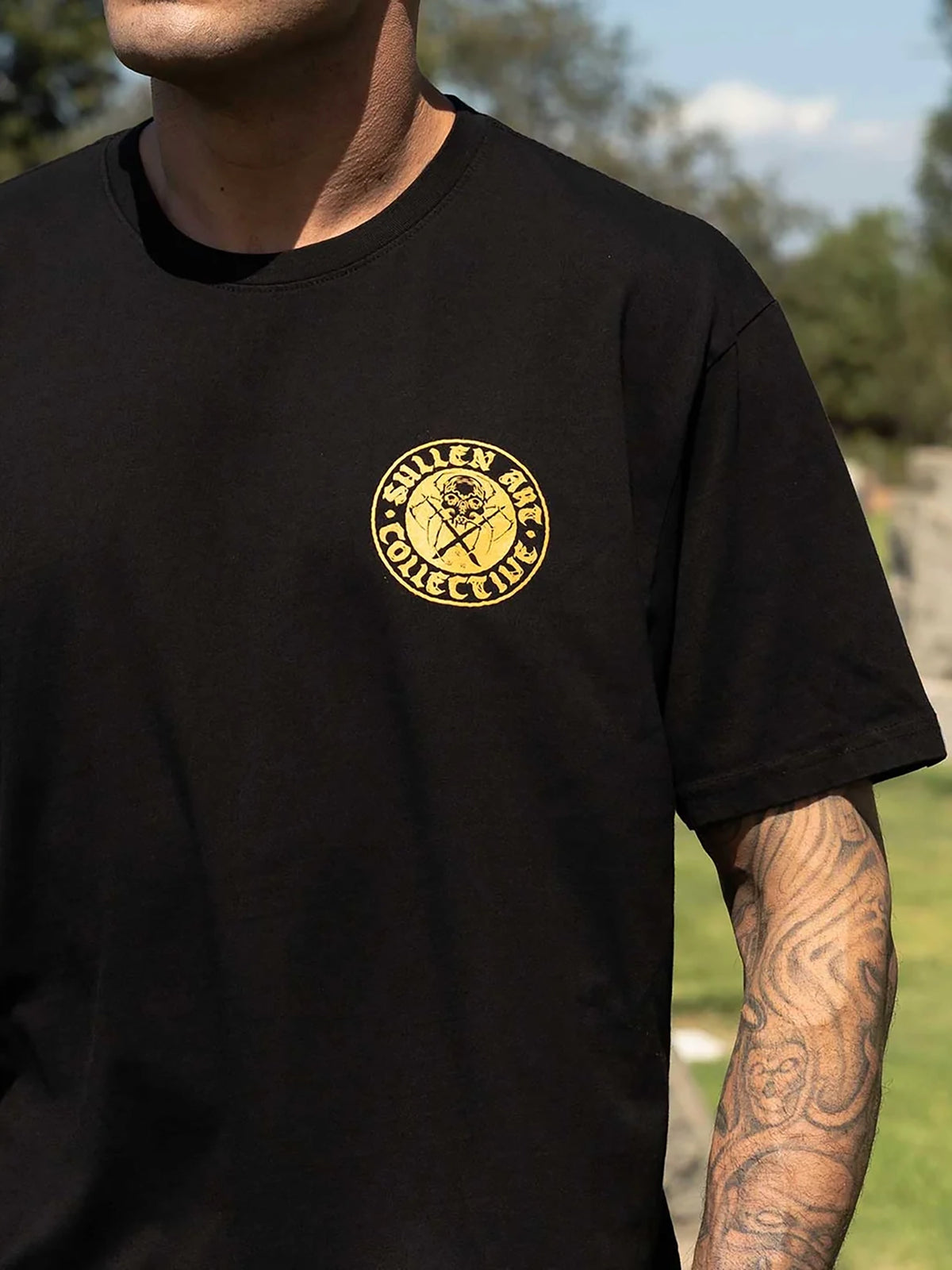 Model wearing the front of the Sullen Spider BOH Premium T-shirt in Black