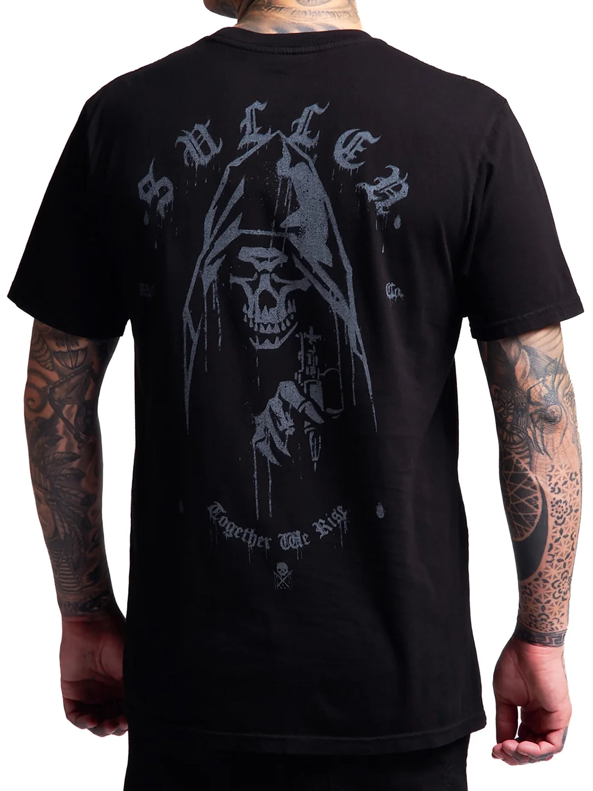 Back view of Sullen Sprayed Premium T-shirt in Jet Black with spray-painted hooded reaper artwork