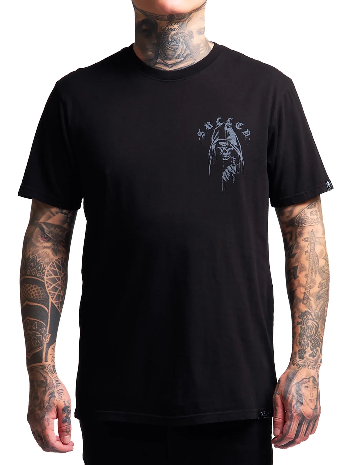 Front view of Sullen Sprayed Premium T-shirt with small hooded reaper chest graphic