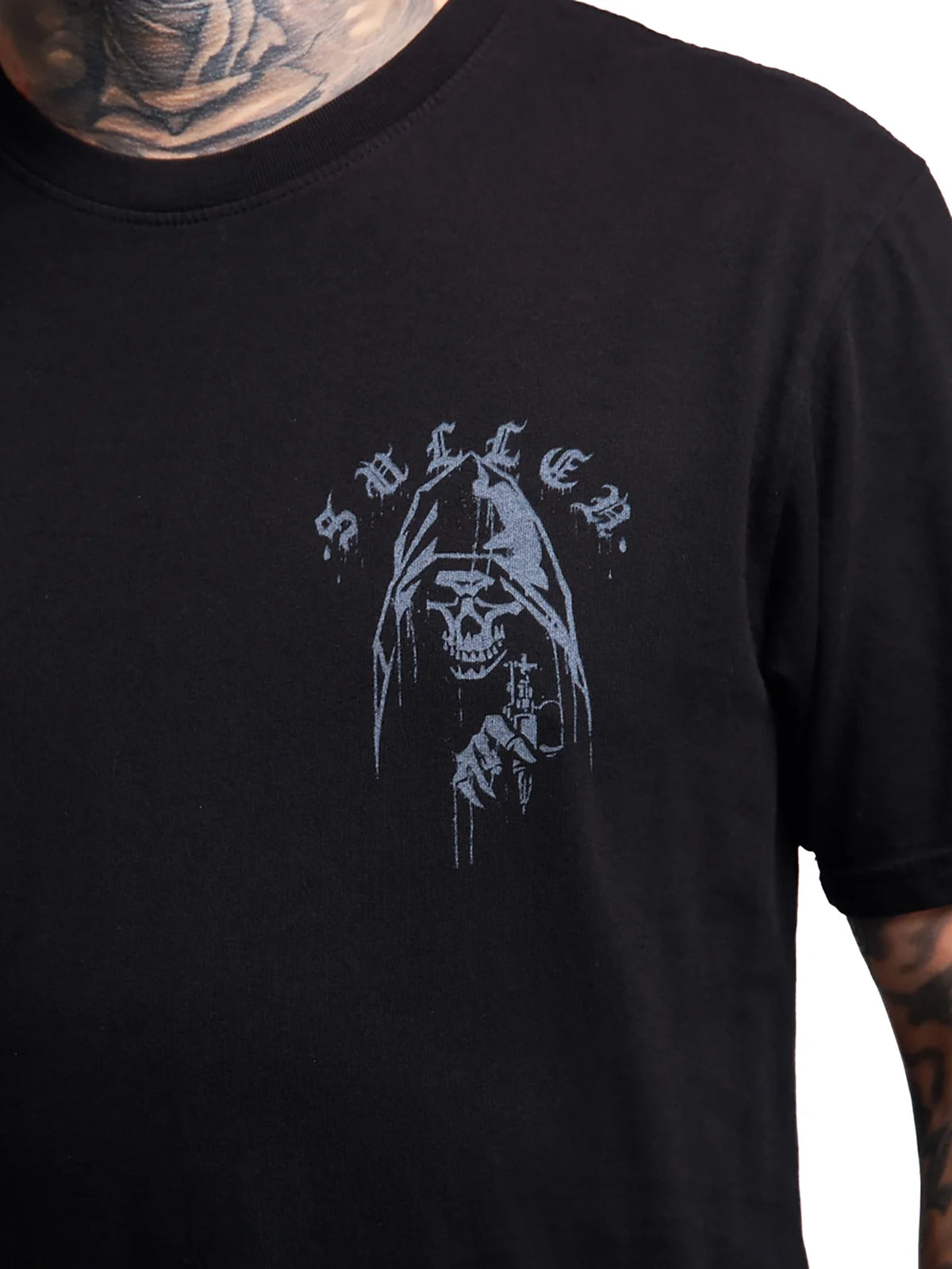 Close-up of the Sullen Sprayed T-shirt hooded reaper chest graphic