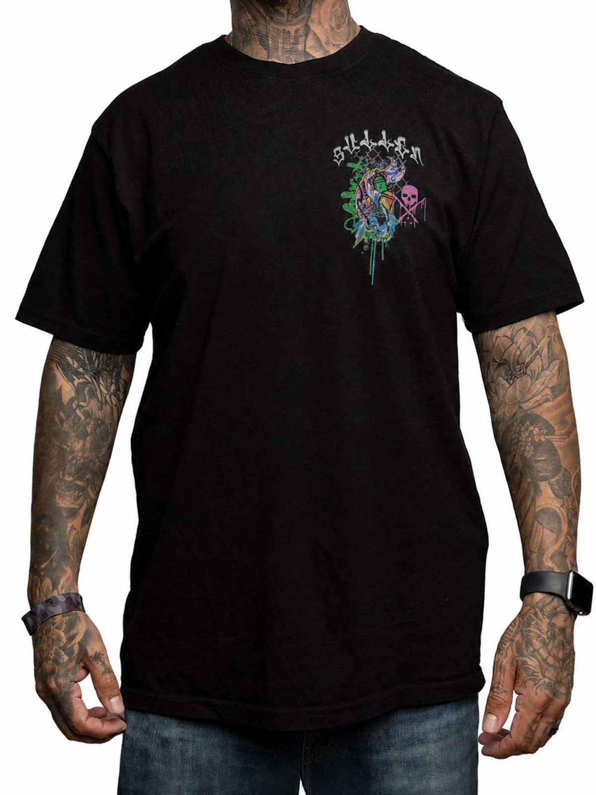 Full front view of Jet Black Sullen Chemical Swirl Premium Tee, showing both complete sleeves and small colorful chest graphic