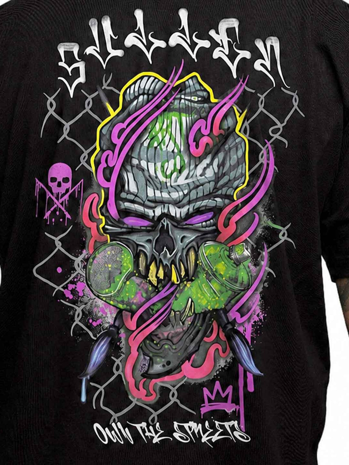 Close-up of the Chemical Swirl neon skull and gas-mask back graphic on the Jet Black Sullen tee