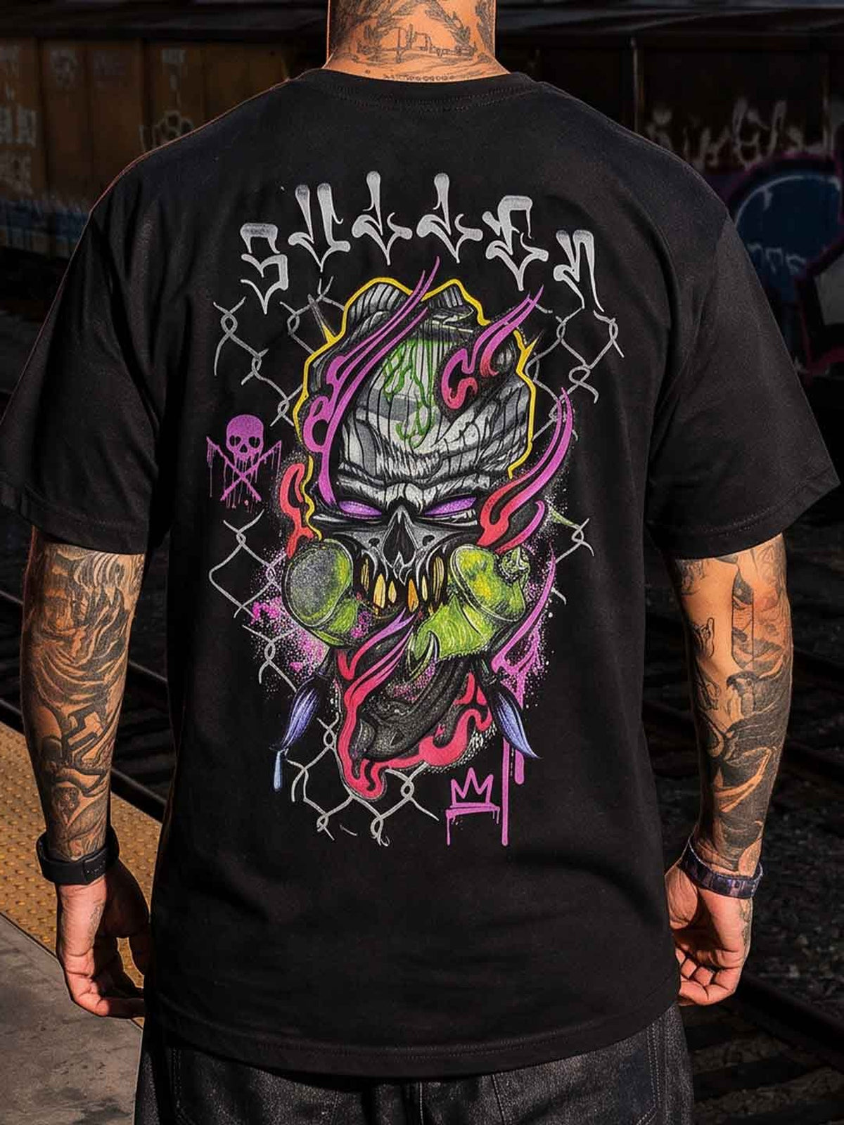 Styled rear view of the Jet Black Chemical Swirl tee showing its large psychedelic skull print