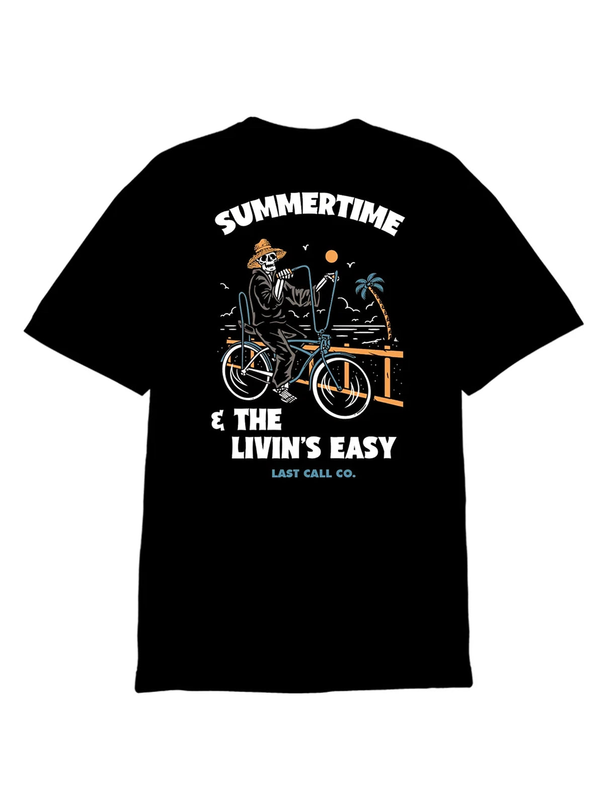 Last Call Co Summertime Graphic T-Shirt Black flat back view featuring skeleton rider and Summertime Cruisin' and Boozin' artwork