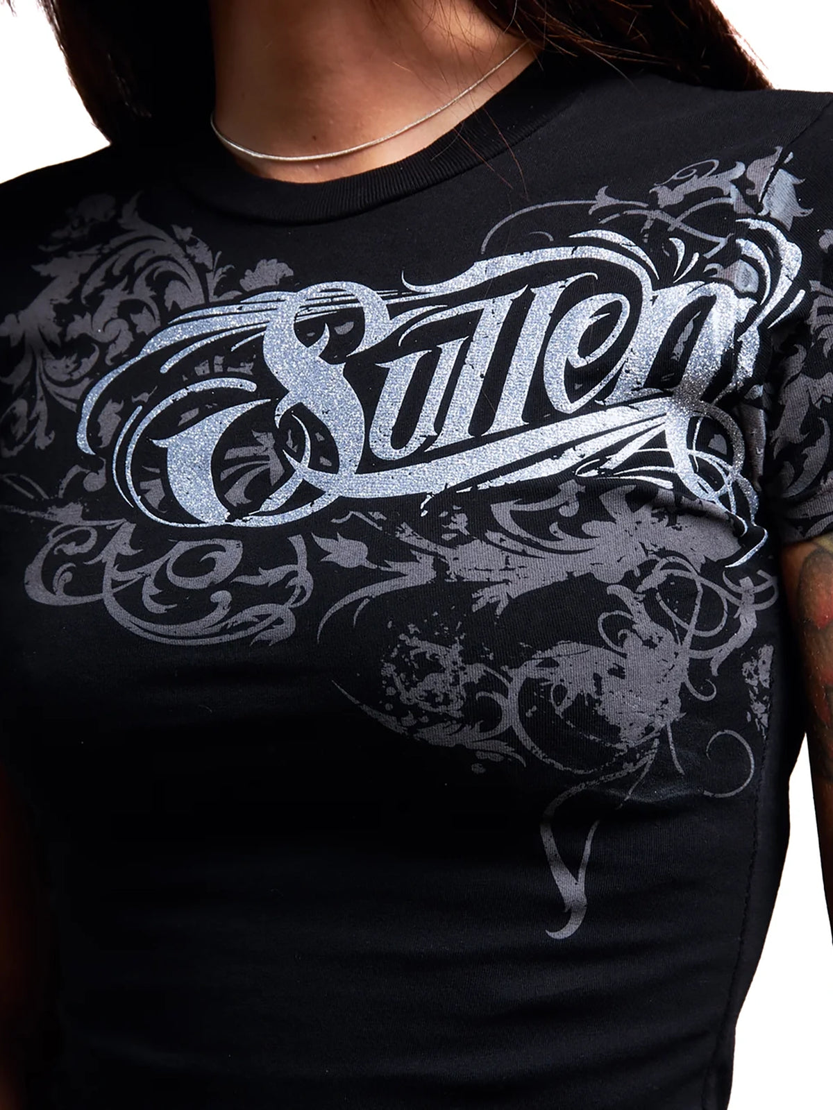 Close-up of Sullen Swoop women's Jet Black T-shirt graphic