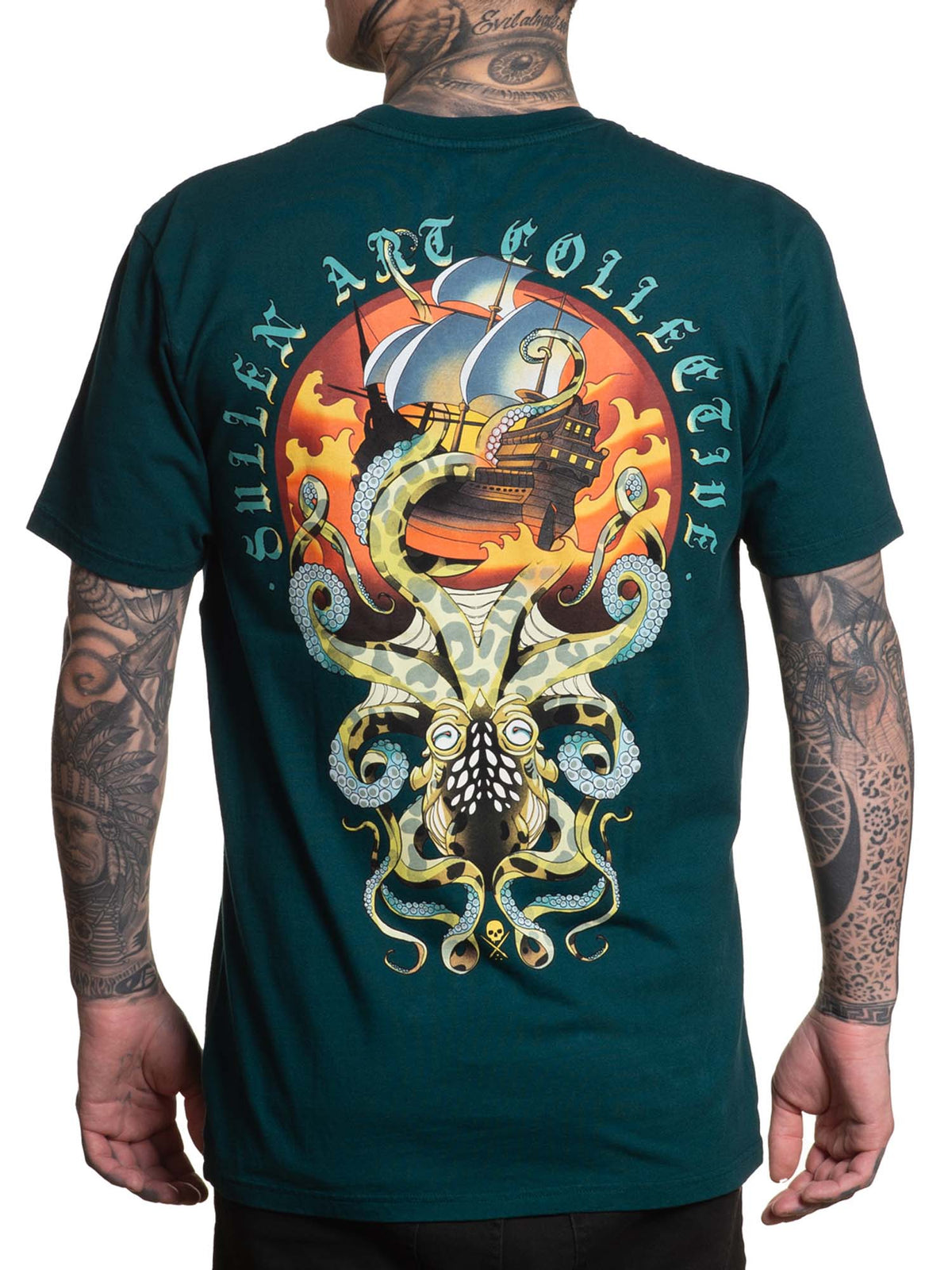 Back view of Sullen Taken Under Premium T-shirt in Deep Teal with pirate ship and octopus artwork