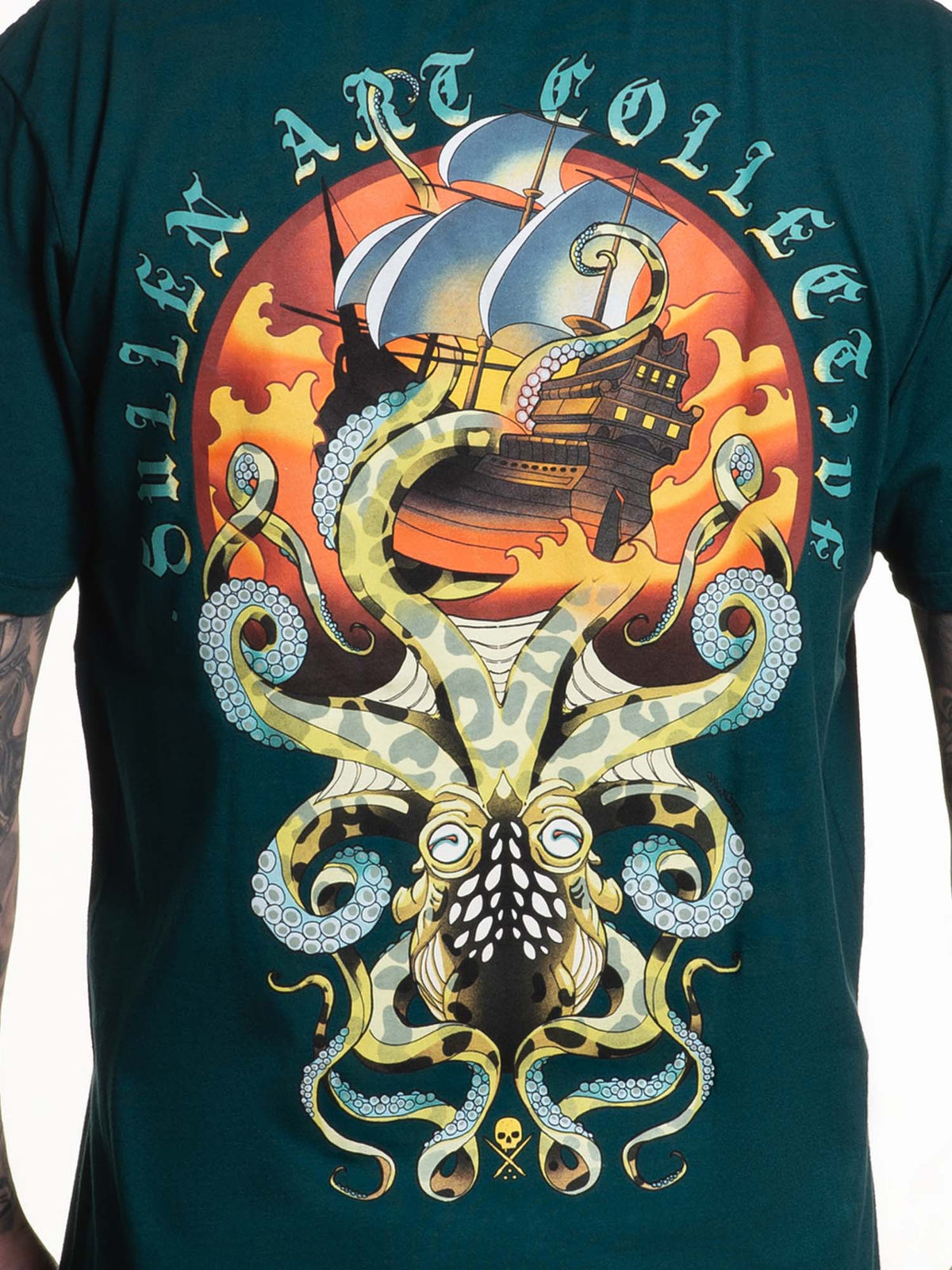 Close-up of pirate ship and giant octopus artwork on Sullen Taken Under T-shirt