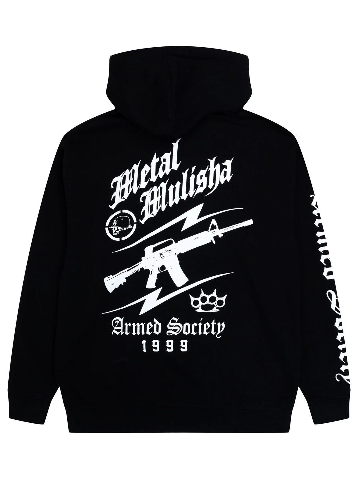 Metal Mulisha Teamwork black pullover hoodie, back view with white rifle and brass knuckle artwork and Armed Society lettering