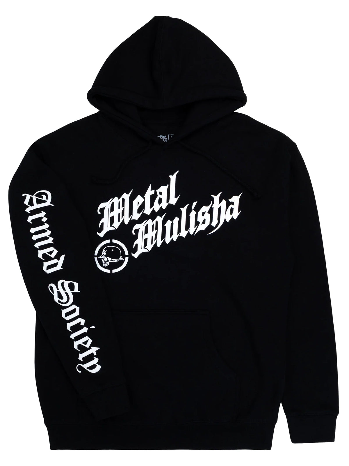 Metal Mulisha Teamwork black pullover hoodie, angled front view showing white Armed Society lettering down the right sleeve